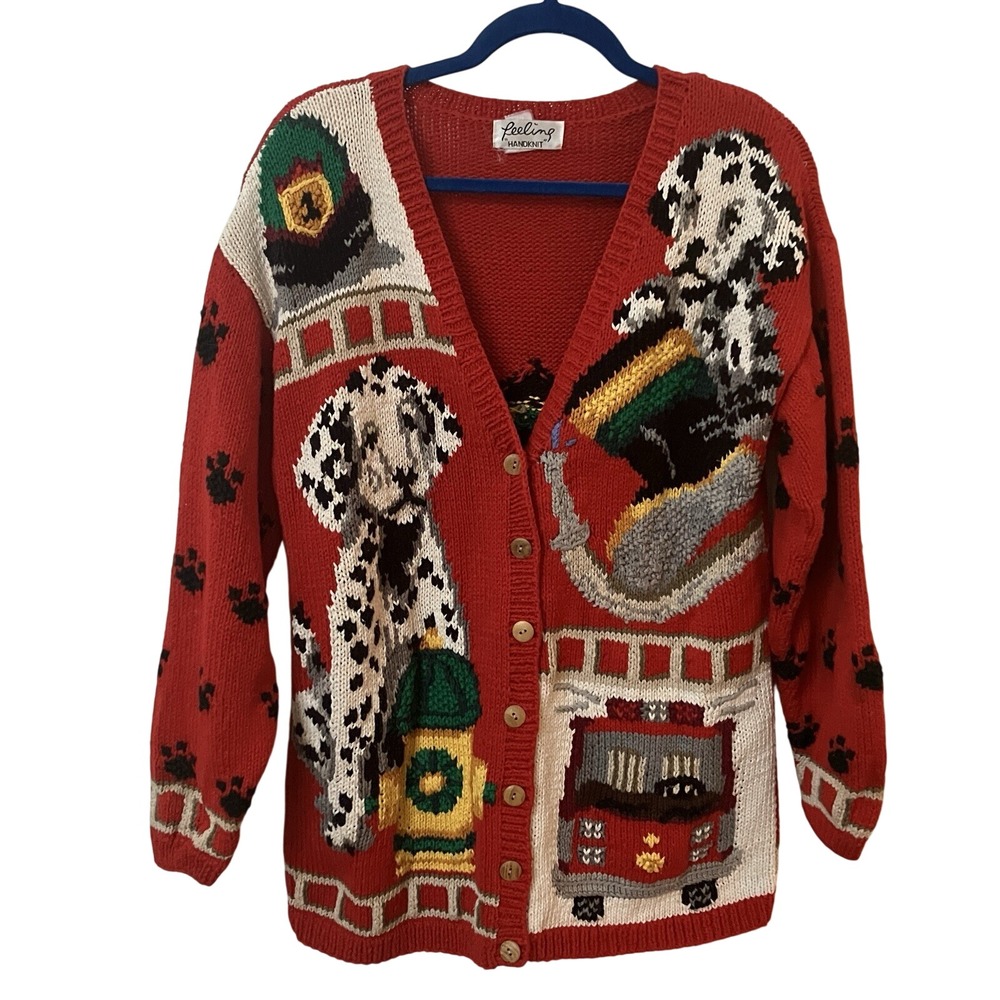 Feeling Handknit Vintage Dalmatian Fire Truck Red Cardigan Sweater Womens Small